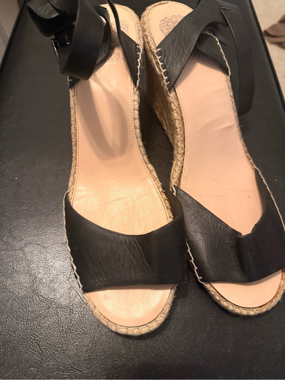Vince Camuto Black Leather Espadrille Wedge Sandals